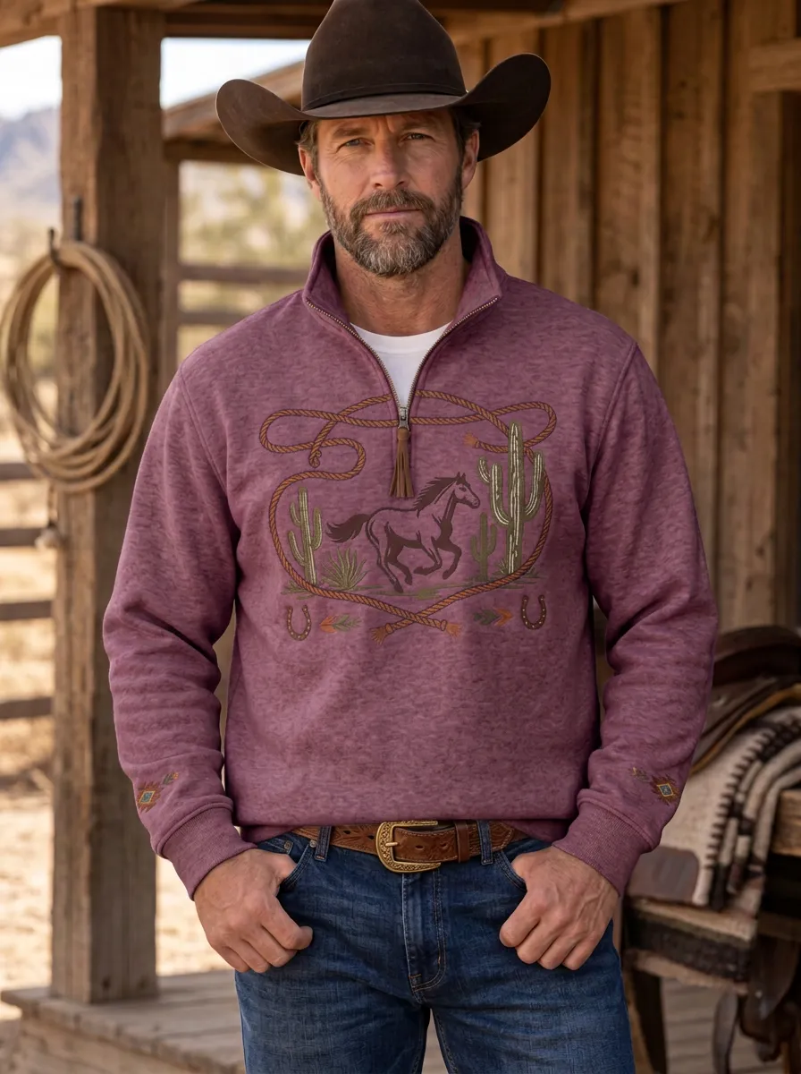 Men's Western Cowboy Horse Lasso Cactus Half-Zip Sweatshirt