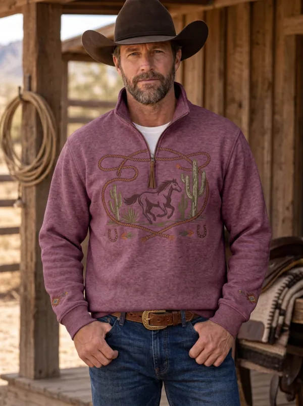 Men's Western Cowboy Horse Lasso Cactus Half-Zip Sweatshirt