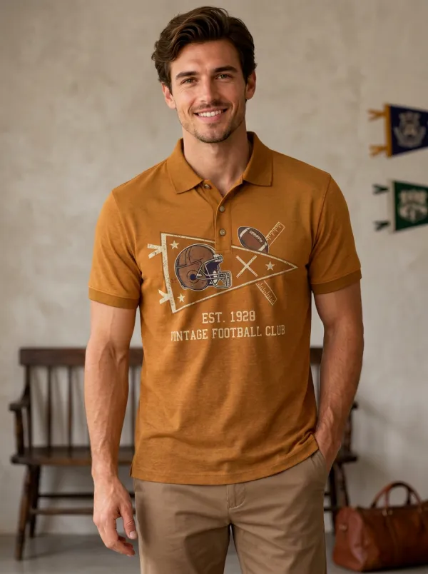 Men's Vintage Football Club Helmet Pennant Polo Shirt