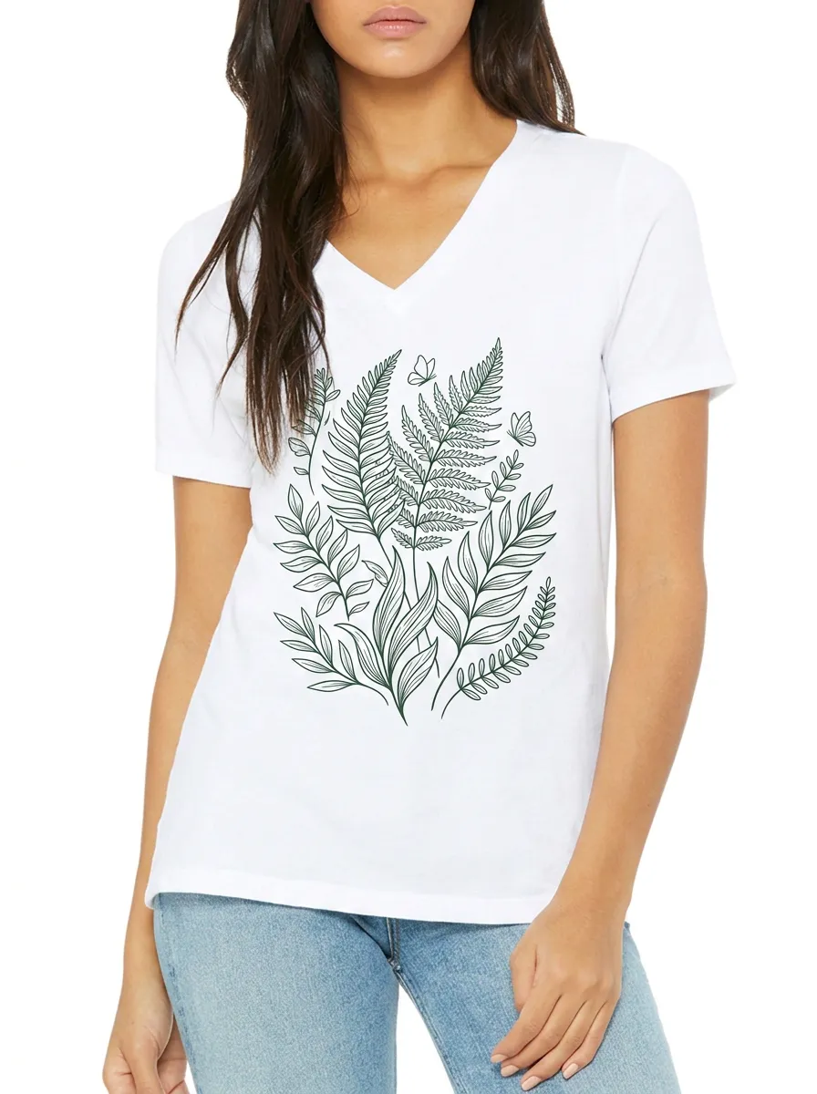 Women's Botanical Nature Lover Fern Leaf Butterfly Printed V-neck T-shirt