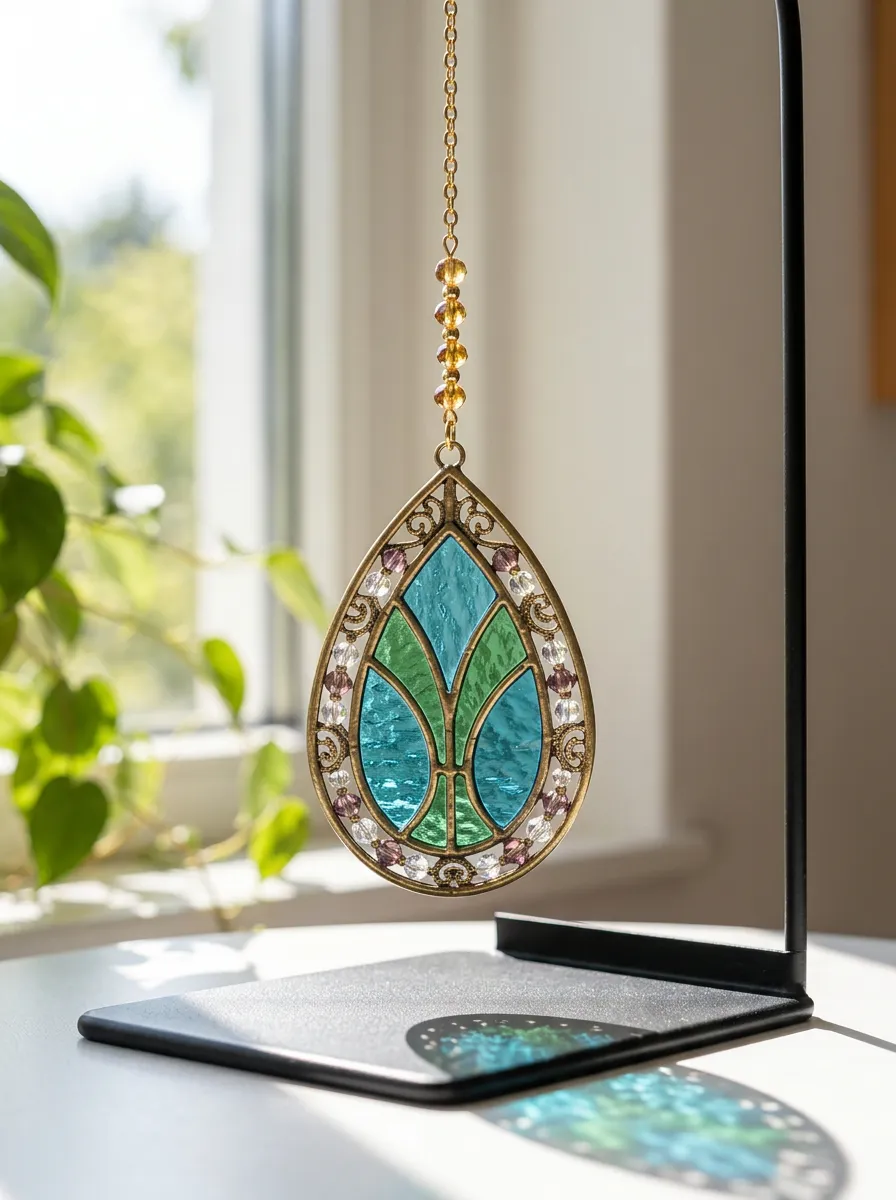 Teal Green Stained Glass Teardrop Crystal Suncatcher