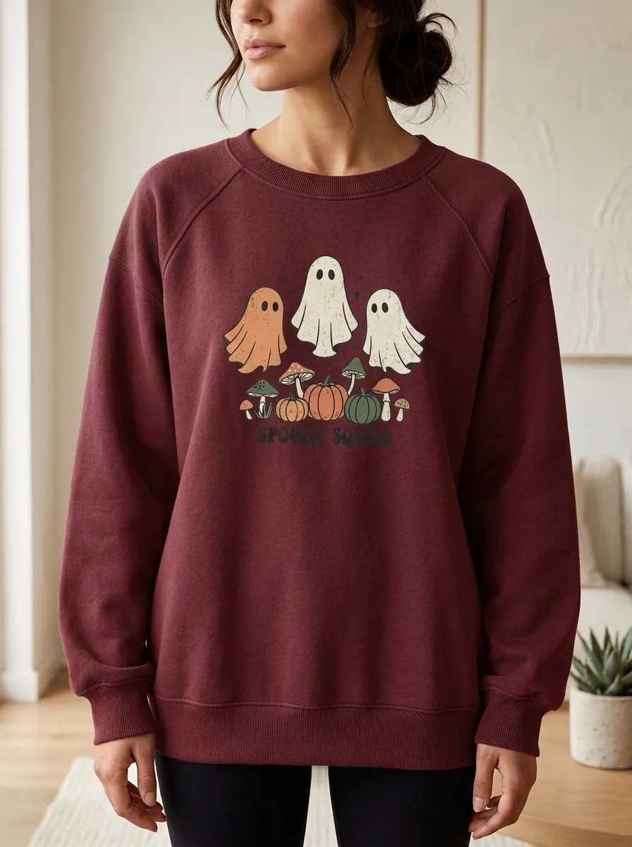 Women's Halloween Spooky Squad Ghost Mushroom Pumpkin Printed Sweatshirt