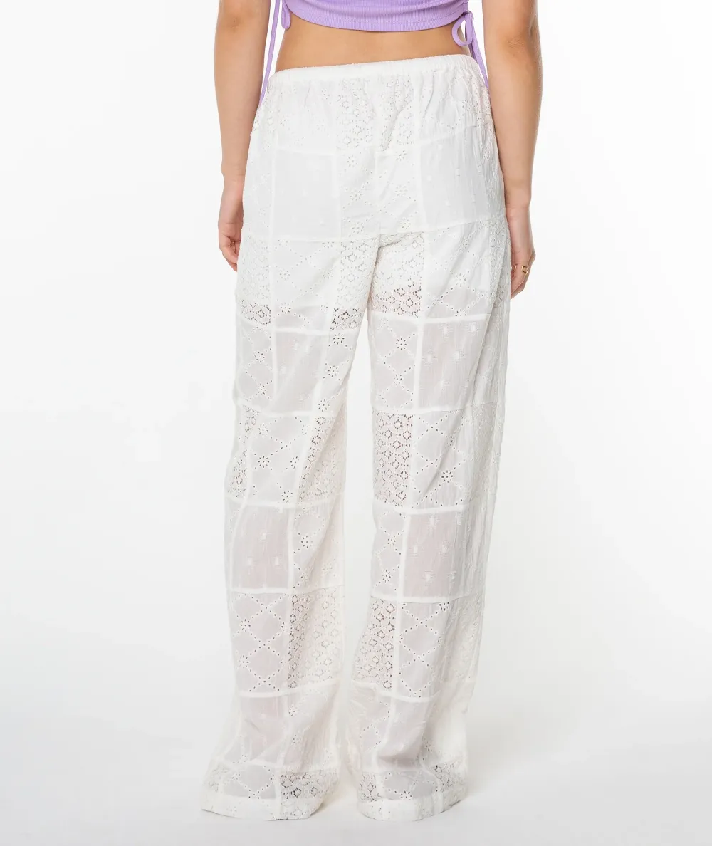 White Semi-Transparent Denim And Ice Silk Patchwork Long Pants