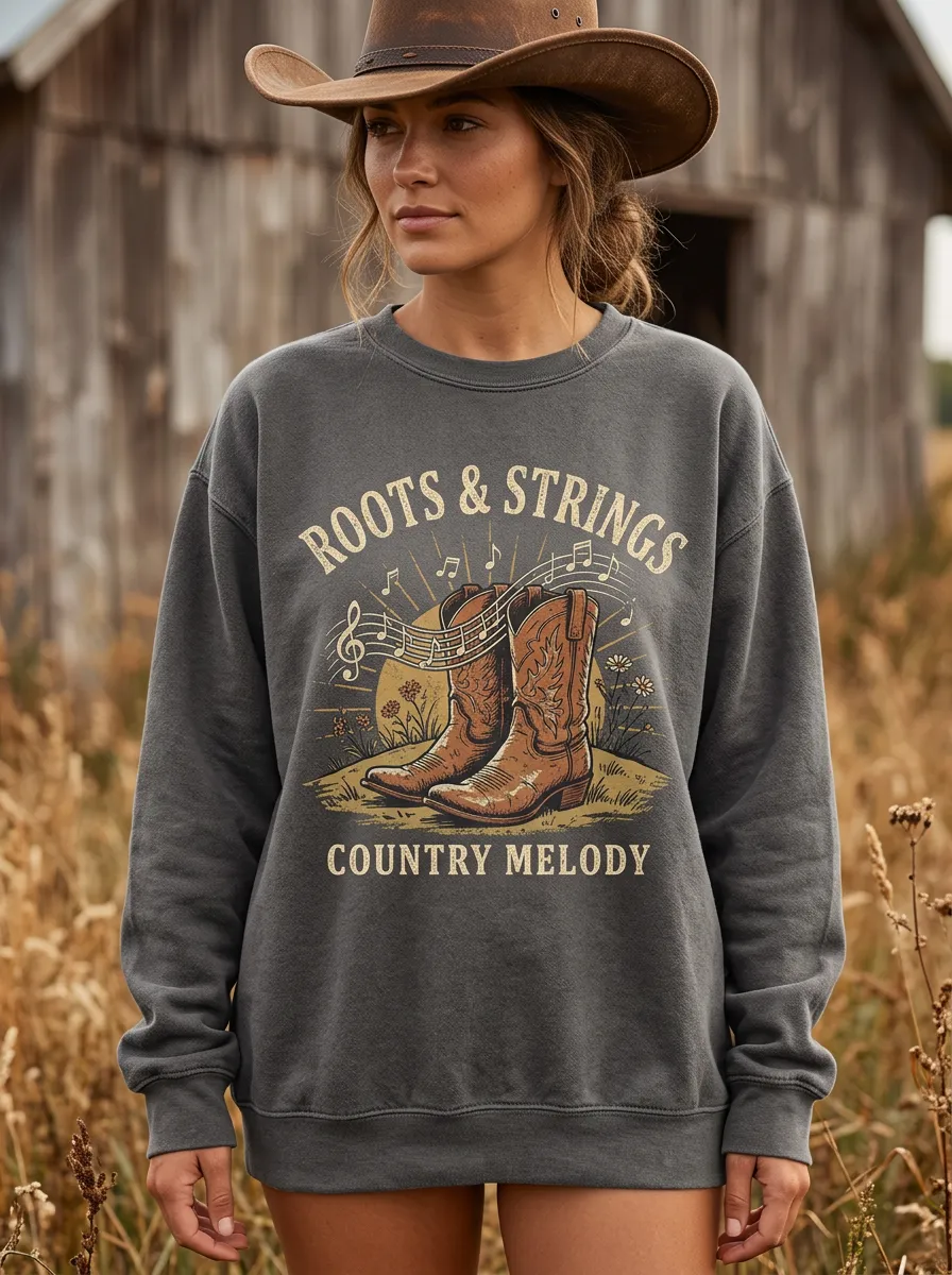 Western Music Cowboy Boots Music Notes Festival Graphic Crewneck Sweatshirt