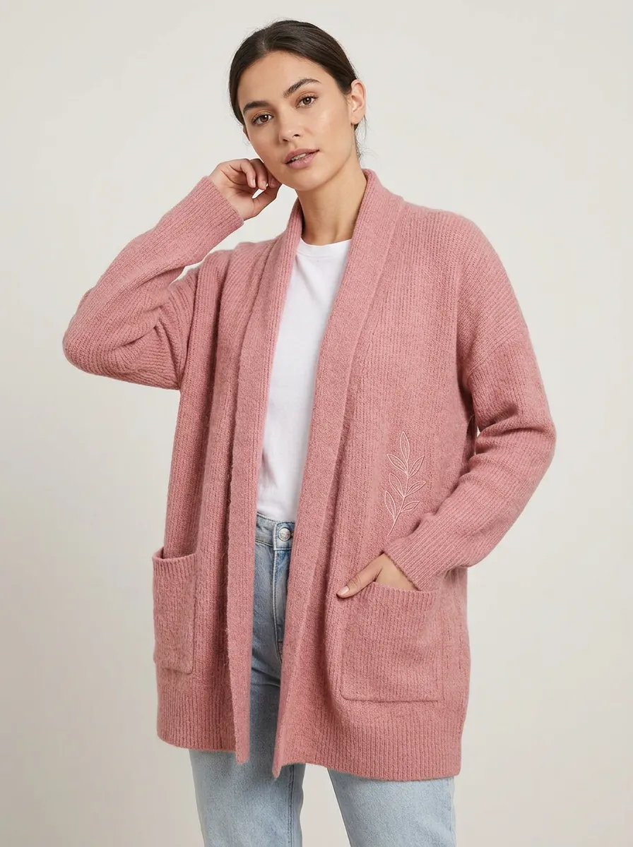 Women's Pink Aesthetic Leaf Embroidered Open Front Casual Cardigan