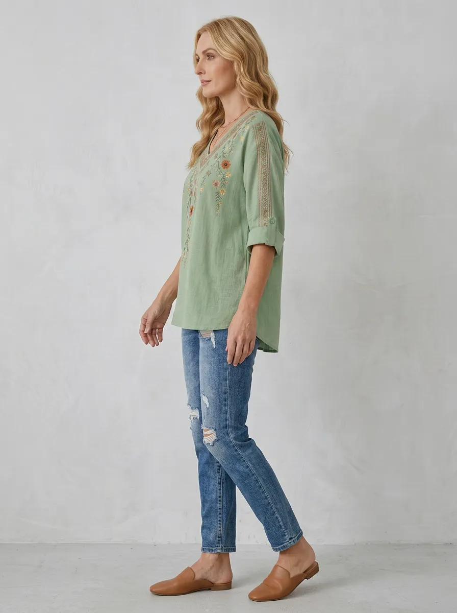 Women's Floral Boho V-Neck Embroidered Printed Short Sleeve T-Shirt