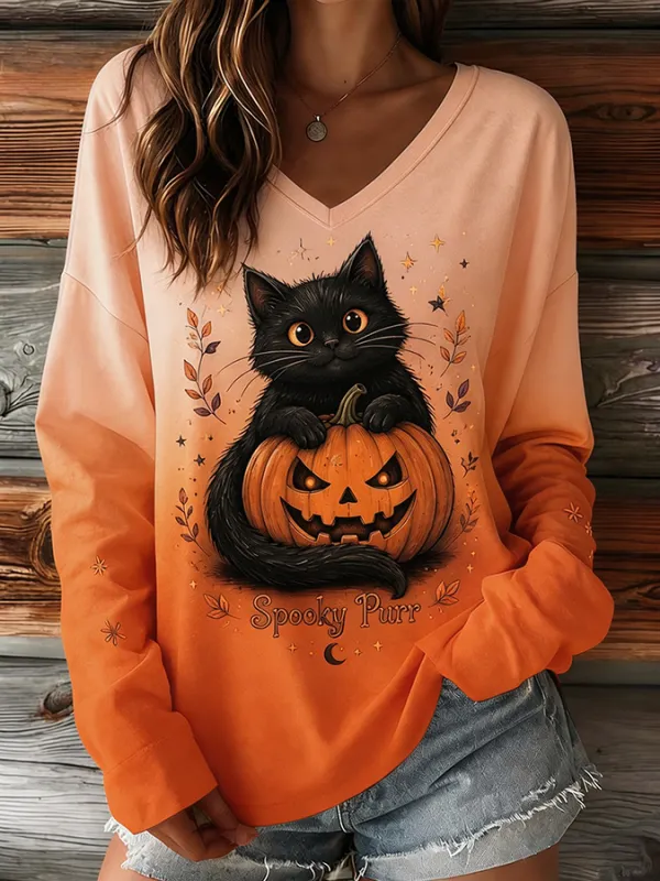 Women's Spooky Purr Black Cat Pumpkin Long Sleeve Halloween Tee