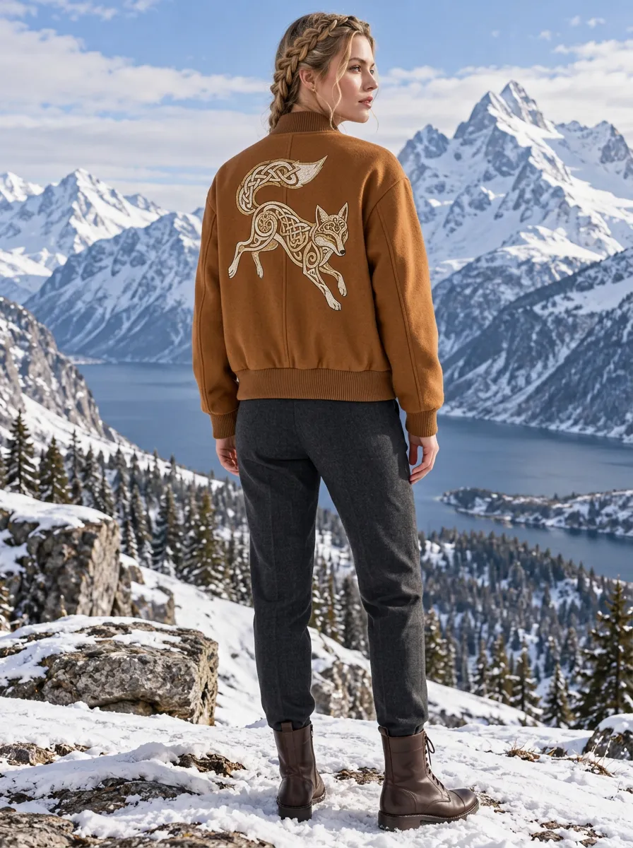 Women's Viking-Inspired Celtic Fox Embroidered Bomber Jacket
