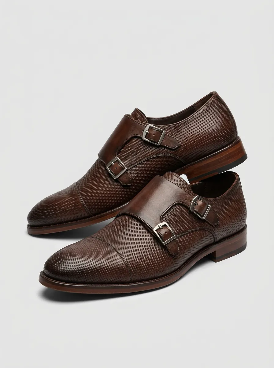 Men's Casual Business Formal Perforated Leather Double Monk Strap Shoes