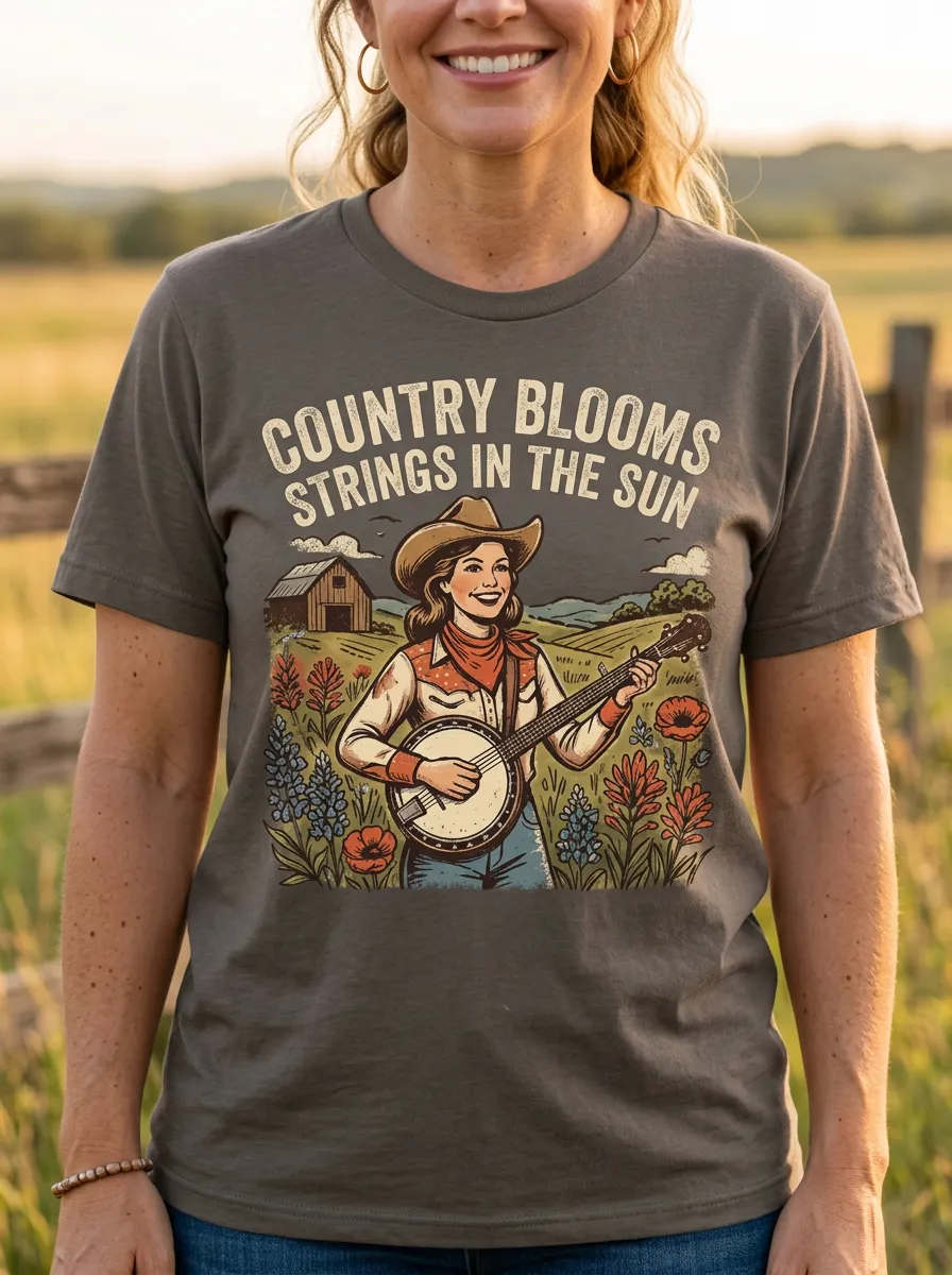 Country Music Banjo Player Floral Crew Neck T-Shirt