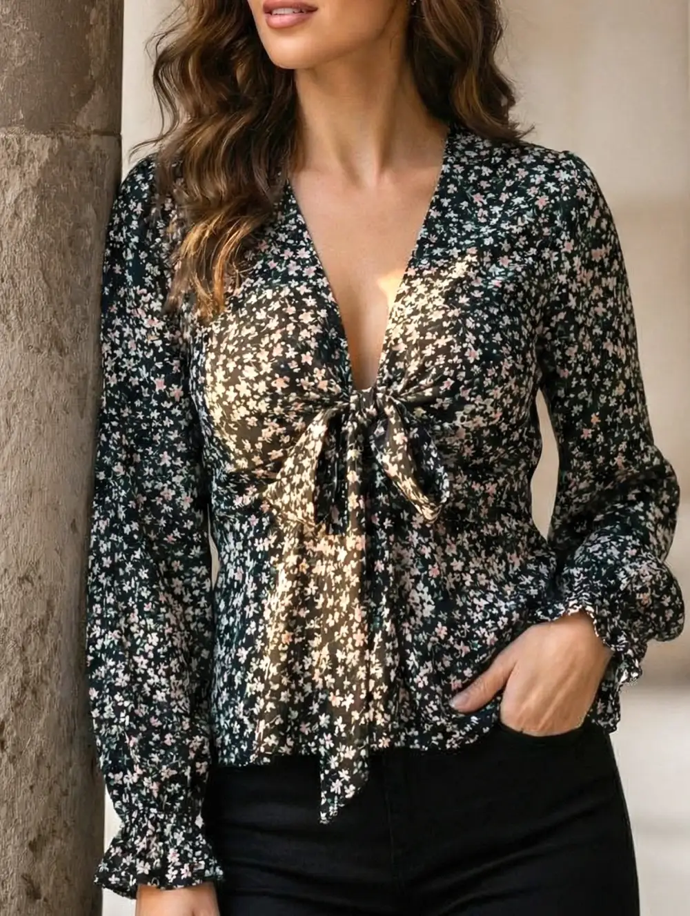 Floral Print V Neck Tie Waist Blouse