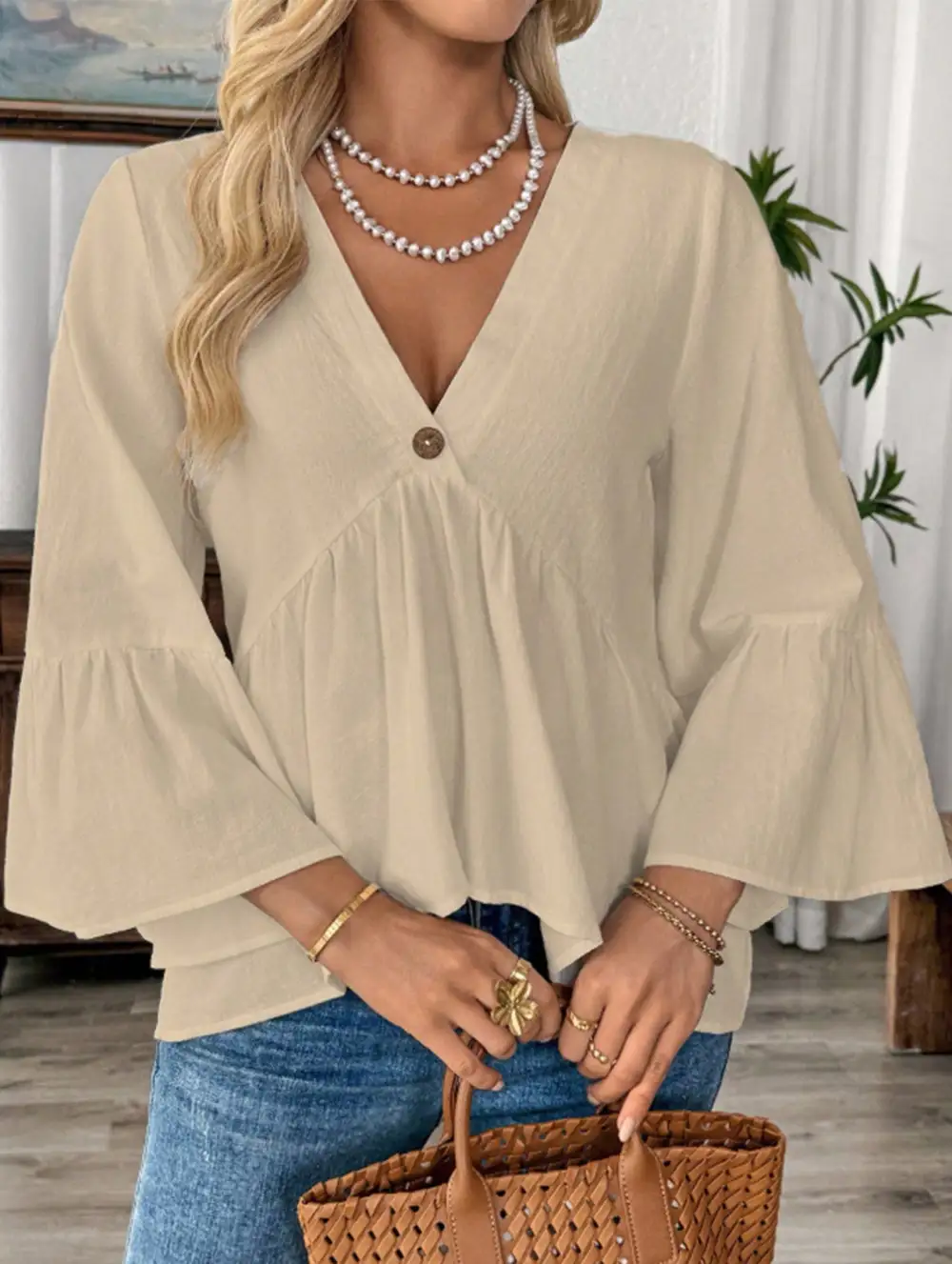 V Neck Ruffle Sleeve Cotton Blouse