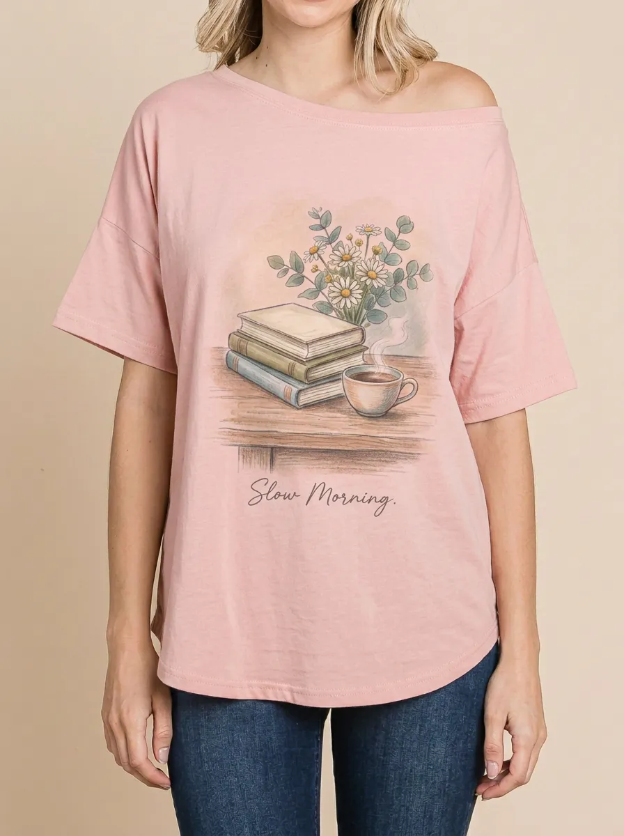 Women's Book Lover Slow Morning Daisy Coffee Printed T-shirt