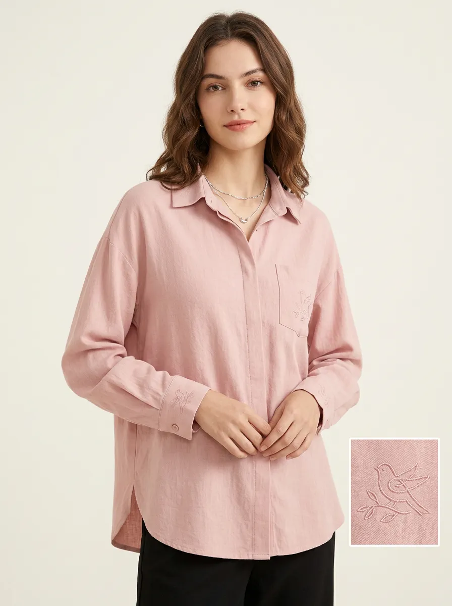 Women's Pink Bird Nature Lover Embroidered Long Sleeve Shirt