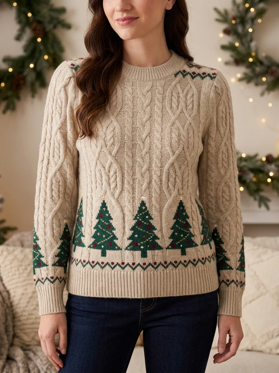 Christmas Holiday Pine Tree Patterned Cable Knit Sweater