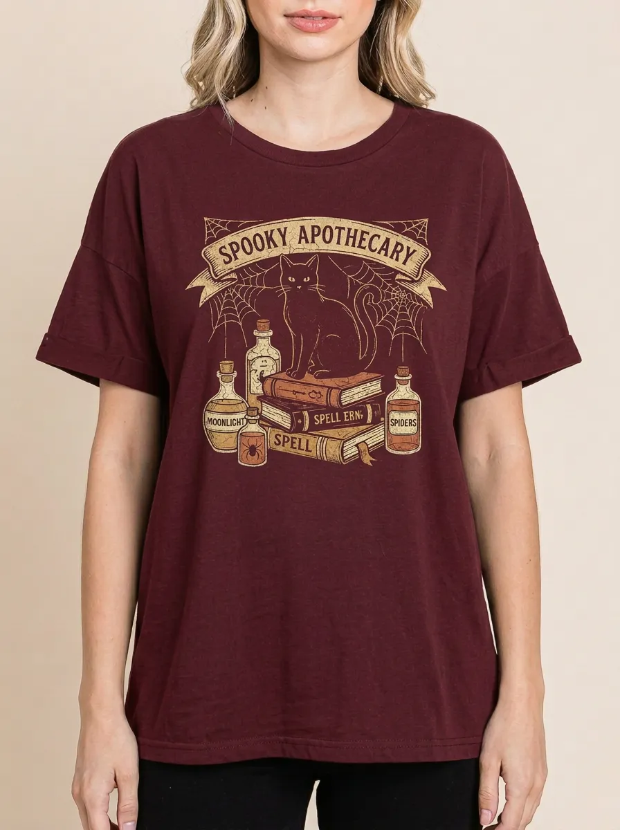 Women's Halloween Spooky Apothecary Black Cat Spellbook Printed T-shirt