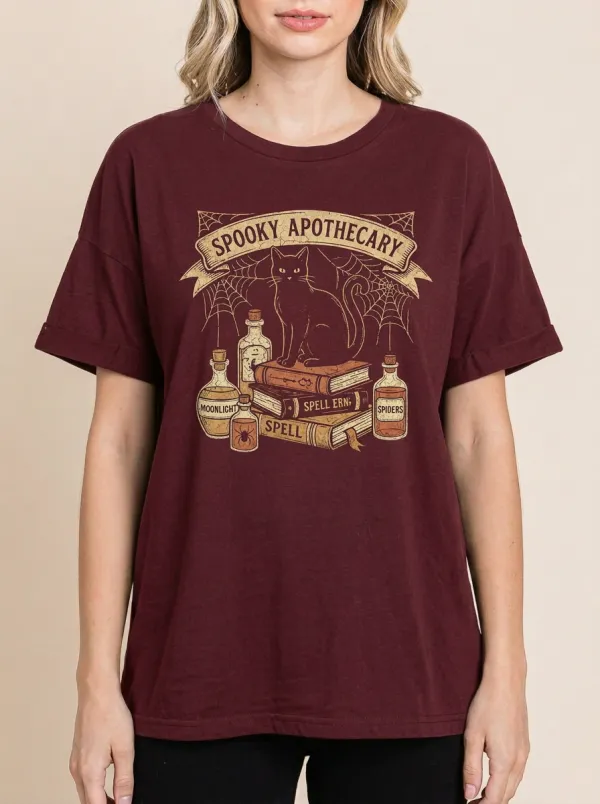 Women's Halloween Spooky Apothecary Black Cat Spellbook Printed T-shirt