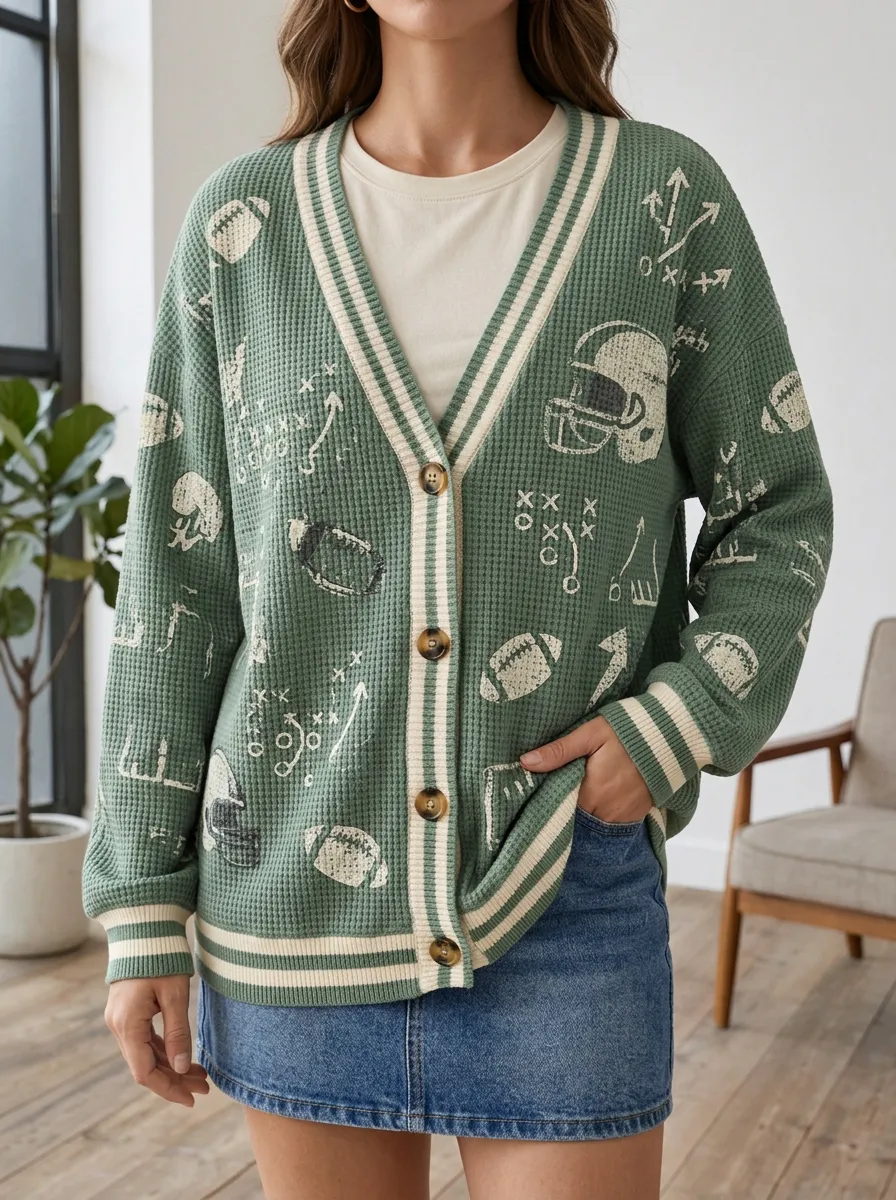 Women's Classic Football Fan Helmet Playbook Printed Waffle Cardigan