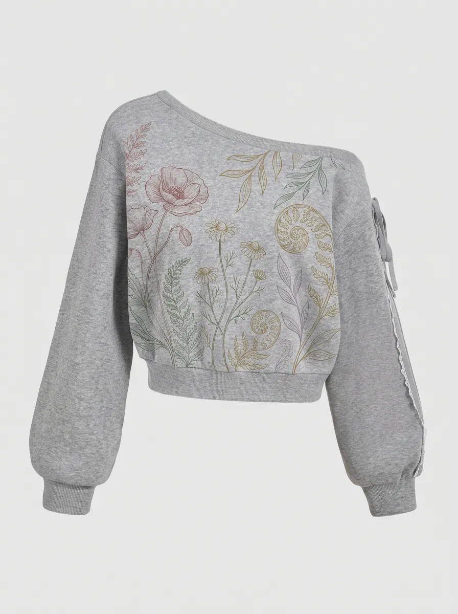 Women's Botanical Wildflower Fern Printed Off-Shoulder Sweatshirt