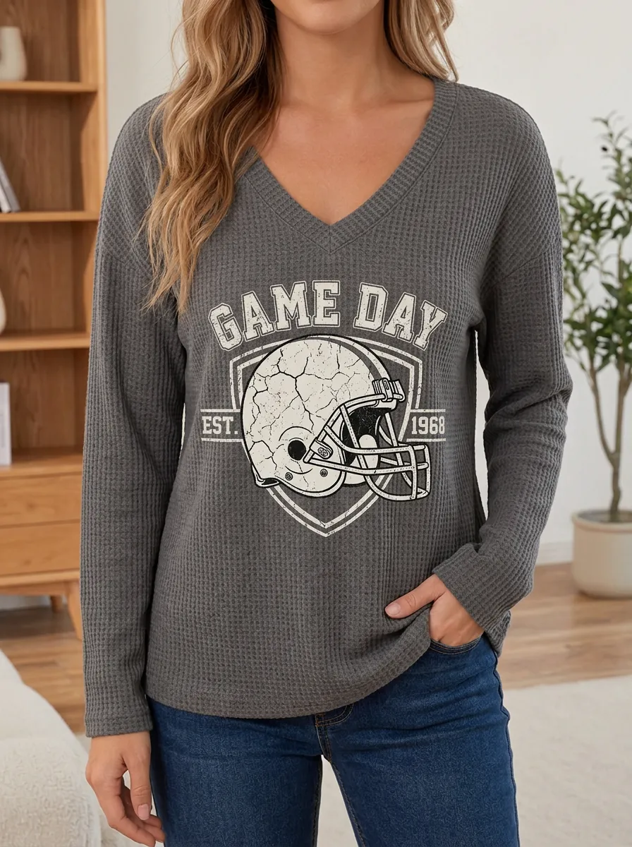 Women's Game Day Football Lover Game Day Helmet Printed Waffle Top