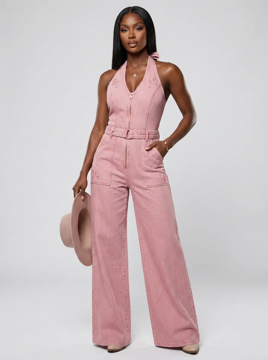 Pink Floral Embroidered Halter-Neck Denim Jumpsuit