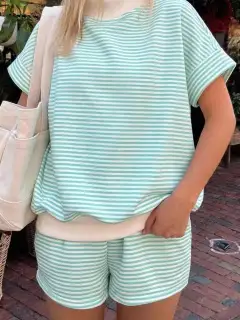 Refined Striped Tee and Shorts Matching Set