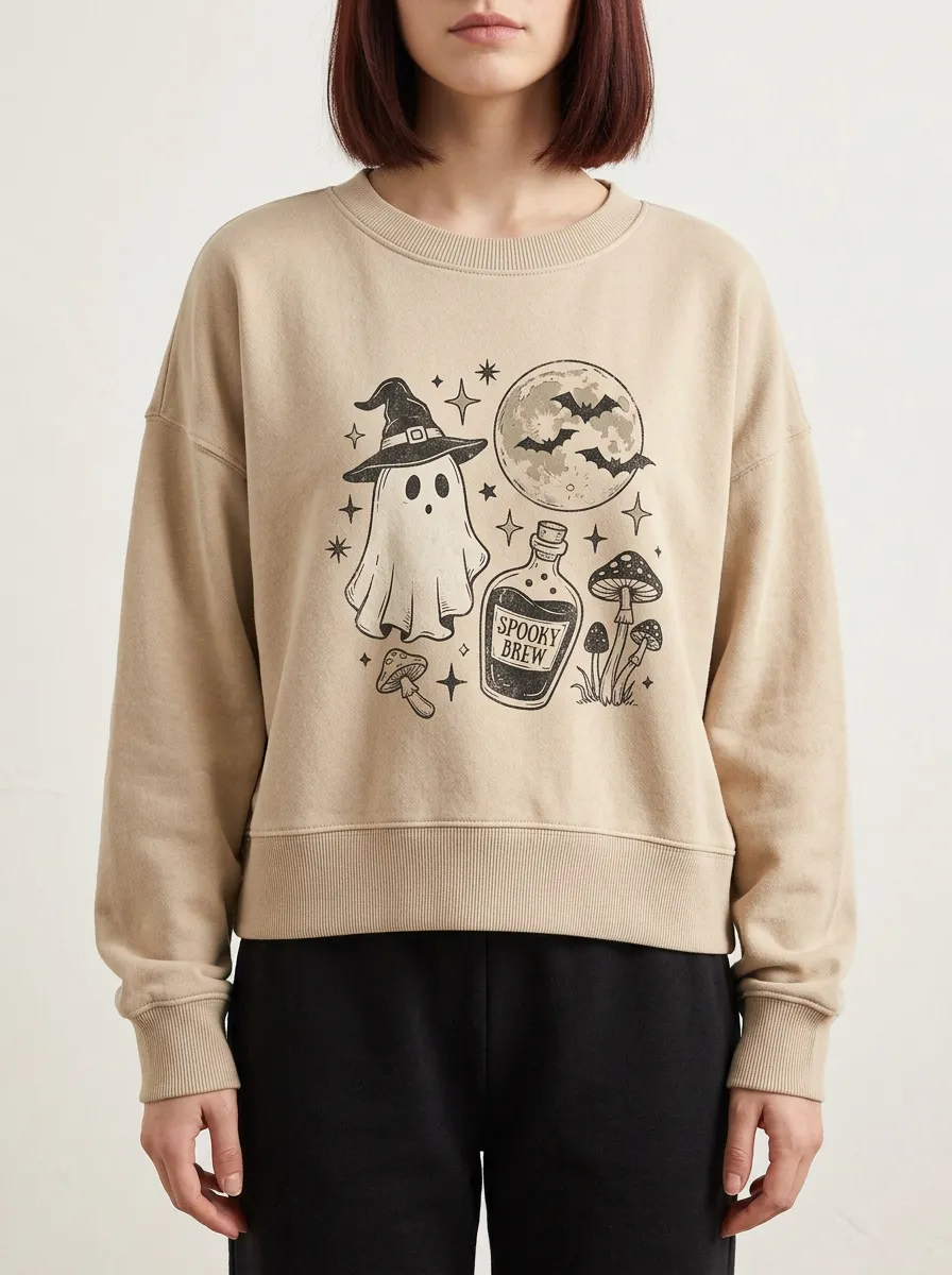 Women's Halloween Ghost Spooky Brew Mushroom Printed Sweatshirt