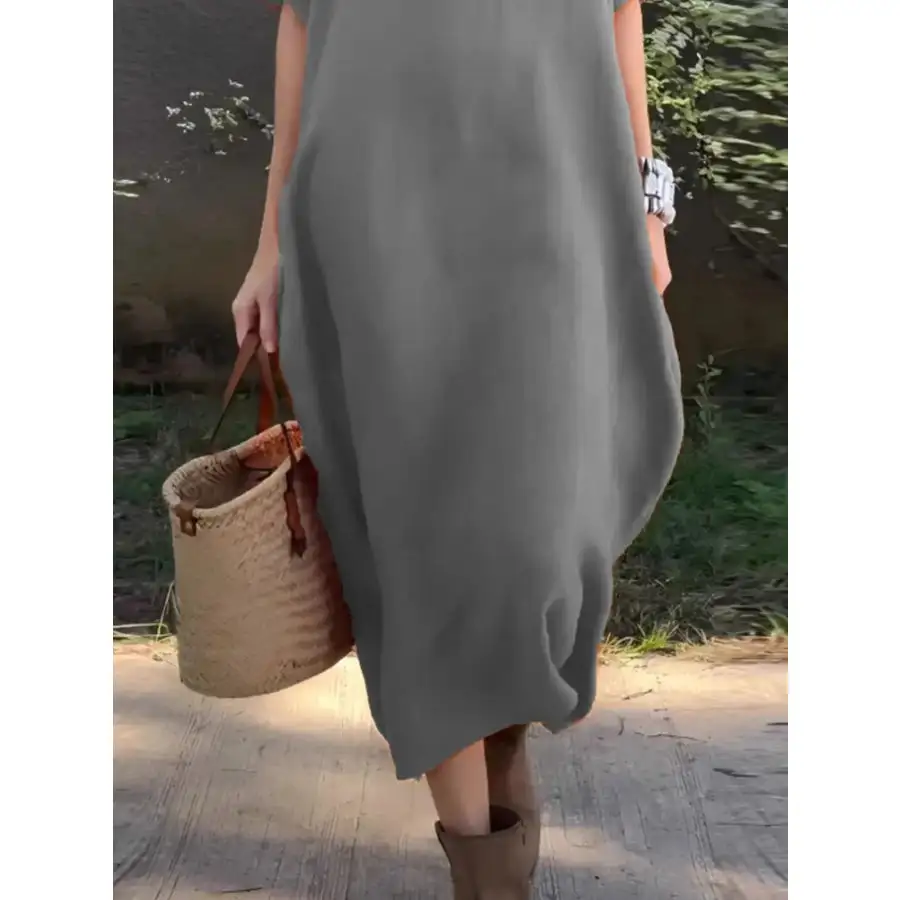 Full Size Casual Loose Fit Round Neck Midi Dress Plus Size