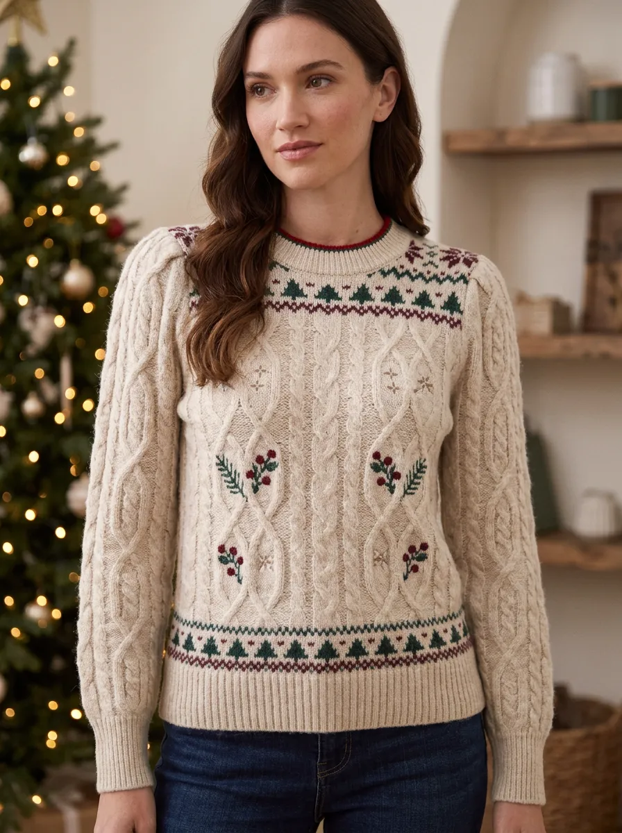 Christmas Holiday Fair Isle Berry Tree Patterned Knit Sweater