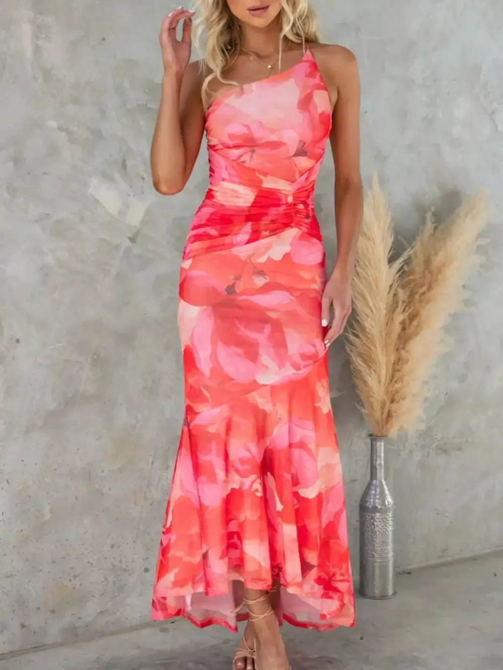Ruched One-Shoulder Floral Maxi Dress