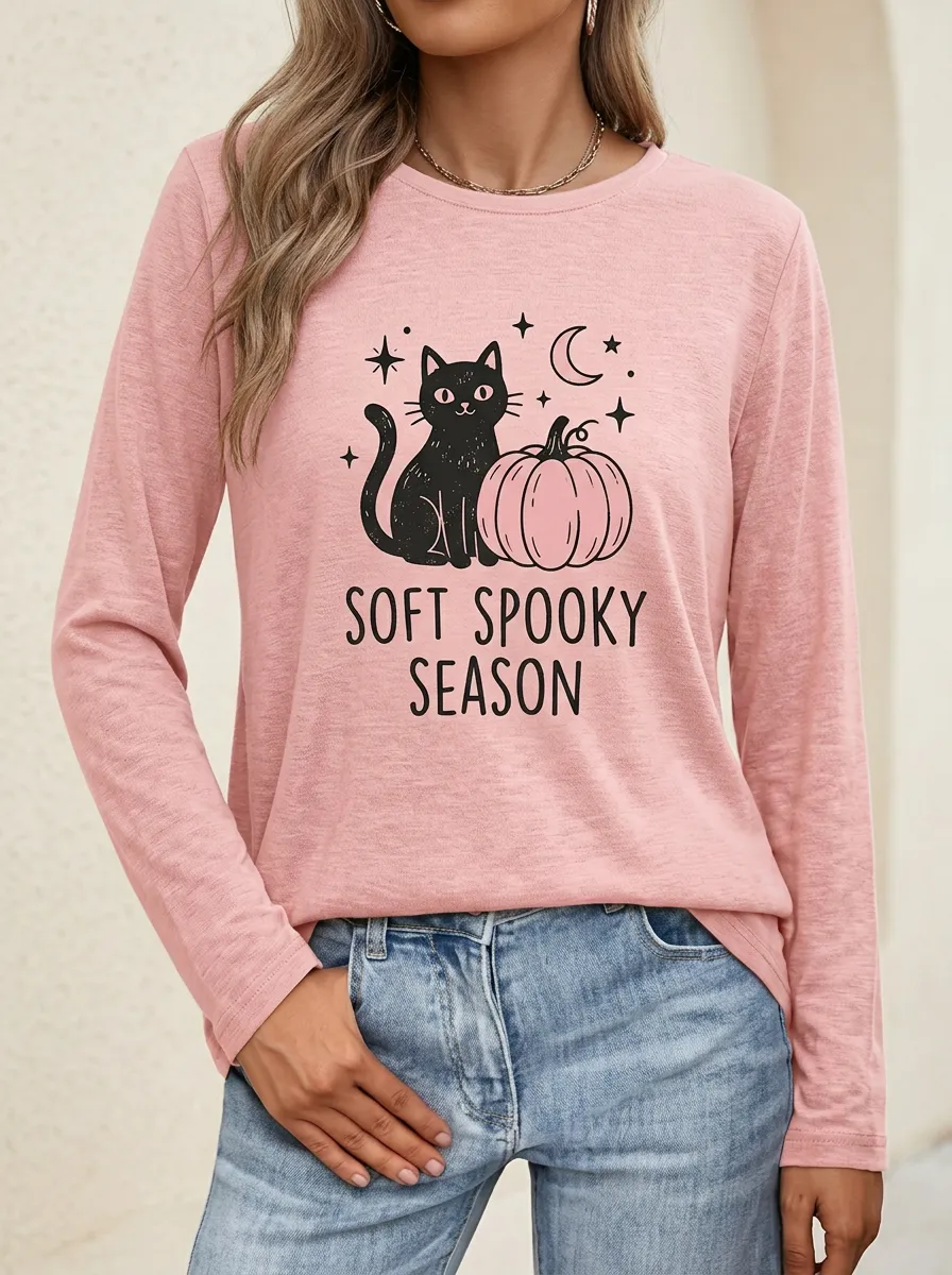 Pumpkin -Cat Halloween Cotton Linen Long Sleeve Top