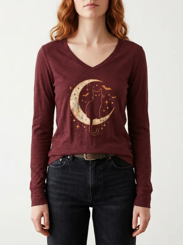 Women's Halloween Cat Moon Stars Bats Printed V-neck Long Sleeve Shirt