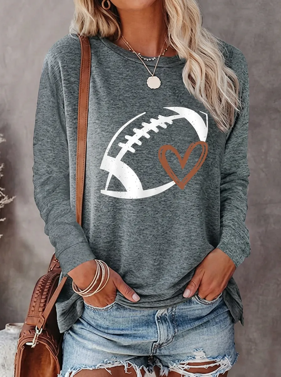 Women's Versatile Gridiron Heart Ball Love Crewneck Long Sleeve T-Shirt