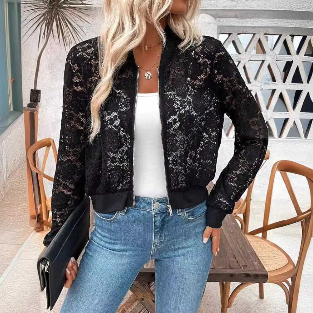 Relaxed Floral Detail Zip Front Ribbed Trim Bomber Jacket