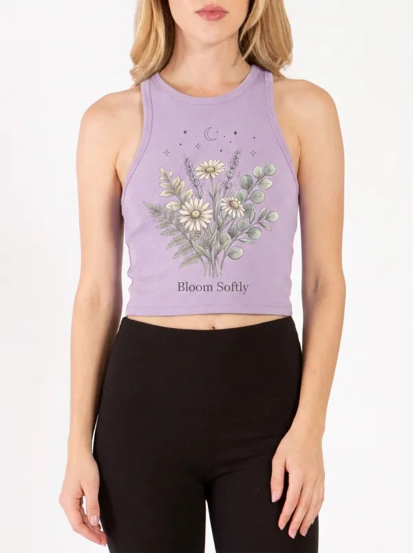 Women's Floral Botanical Bloom Softly Celestial Printed Crop Tank Top