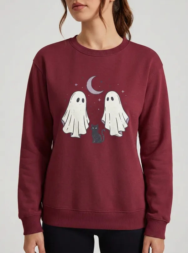 Women's Halloween Ghost Black Cat Moon Printed Sweatshirt