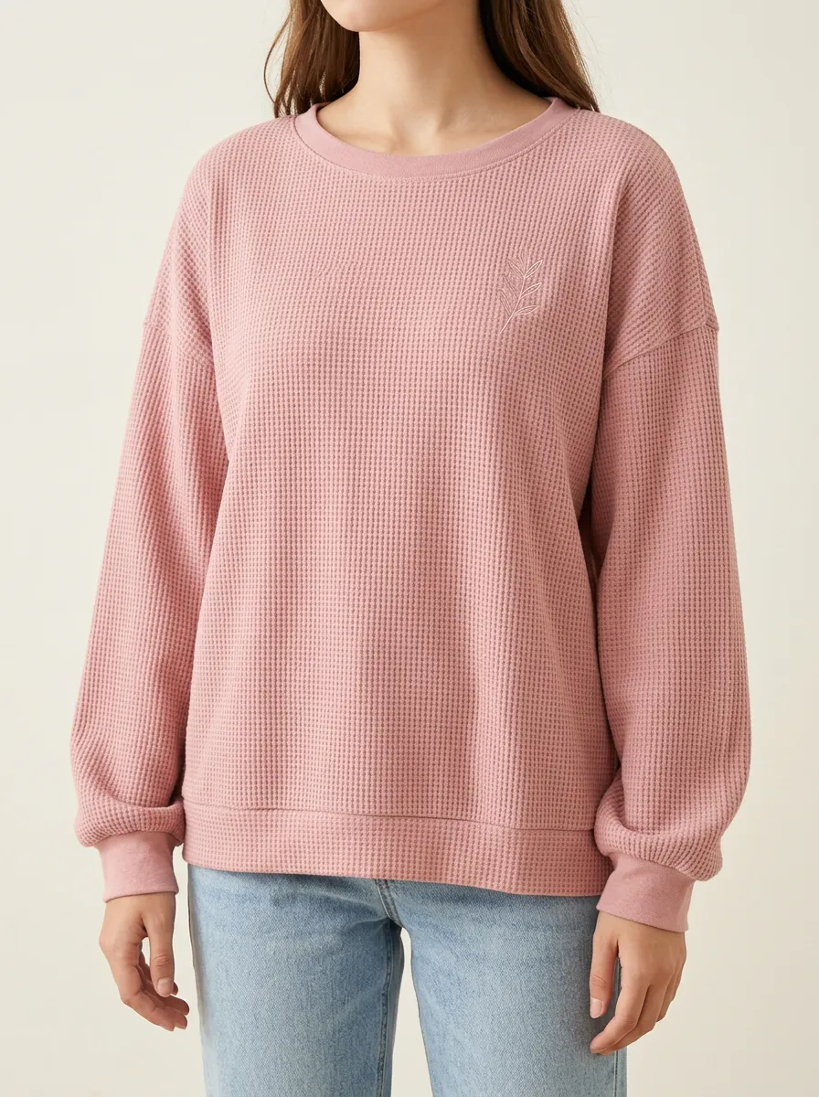 Women's Minimalist Leaf Botanical Printed Waffle Knit Sweatshirt