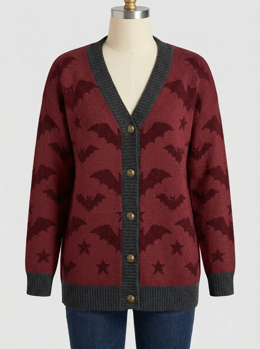 Women's Halloween Bat and Star Patterned Knit Cardigan