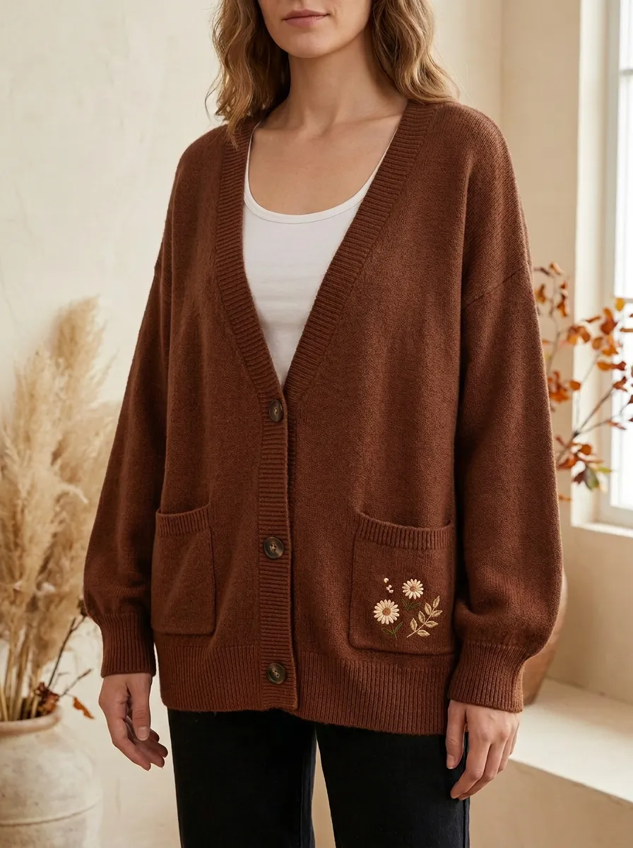 Relaxed Daisy Floral Embroidered Women's Knit Cardigan