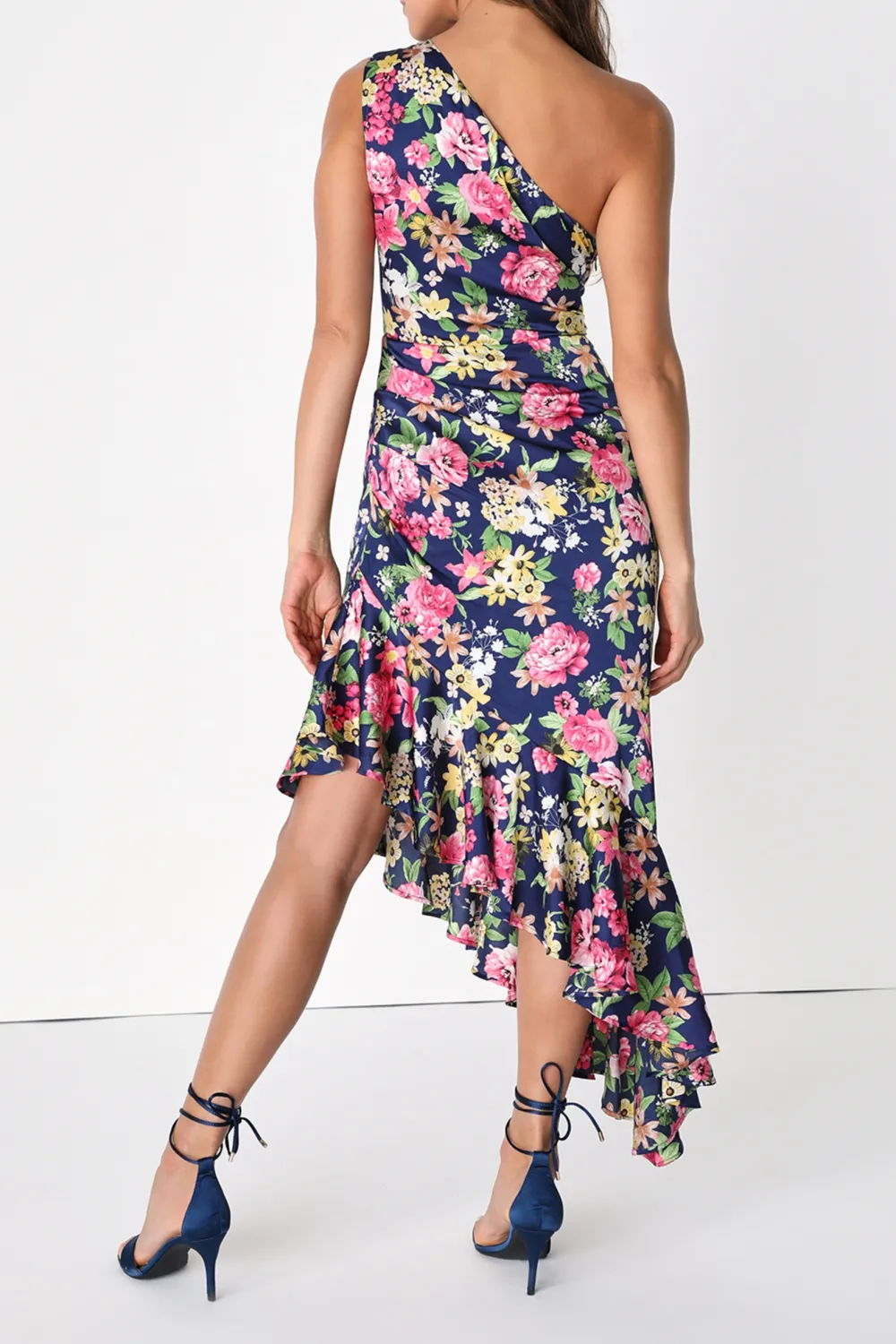 Casual Style Multi Floral One-Shoulder Midi Dress
