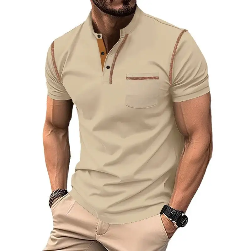 Men's Short-Sleeve Polo In Henley Style With Stand-up Collar Chest Pocket And Contrast Stitching