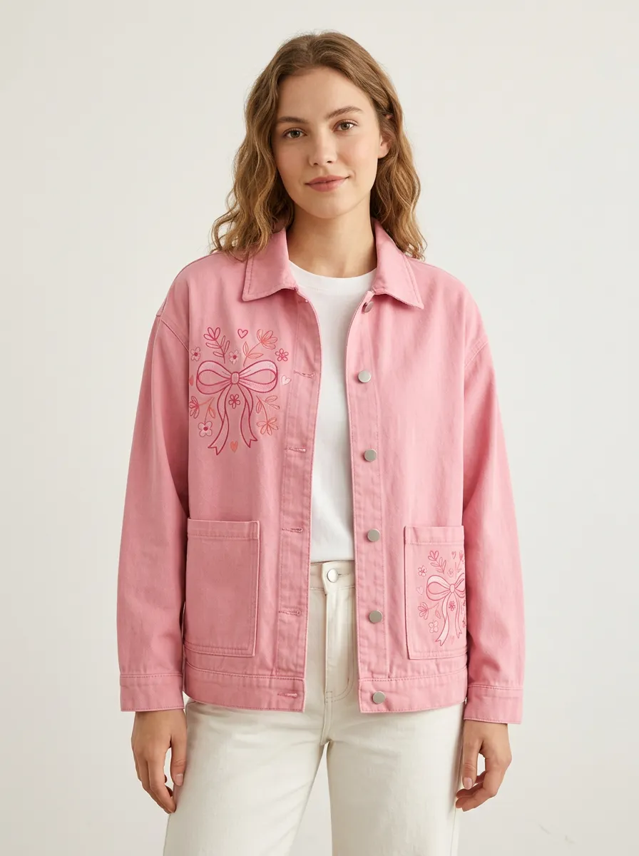 Unisex Pink Bow Ribbon Floral Embroidered Statement Jacket