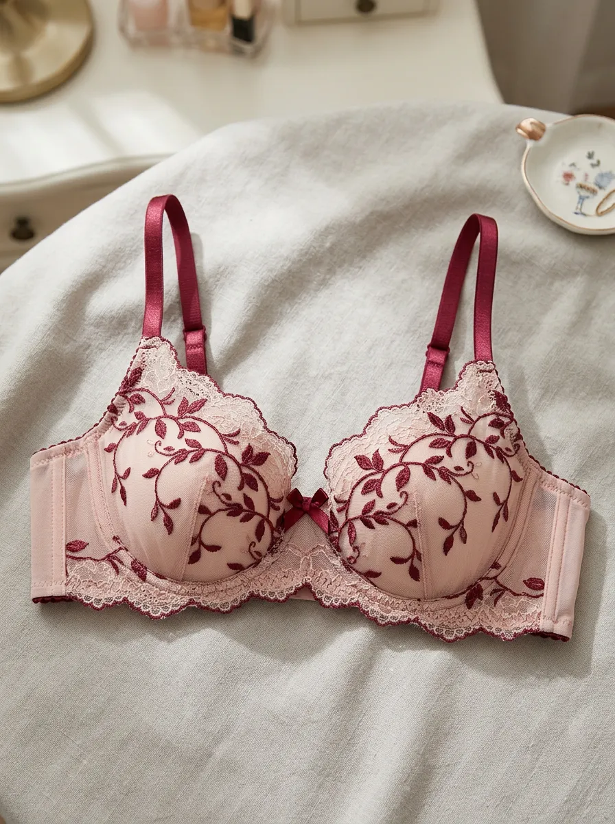 Women's Floral Embroidery Pink Lace Push Up Bra