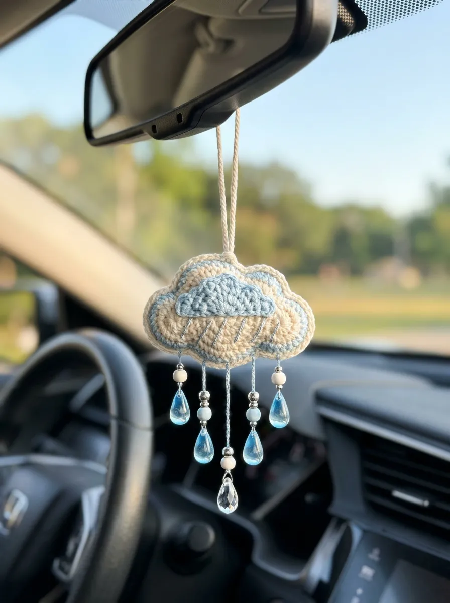 Crochet Cloud Rearview Mirror Hanging Ornament