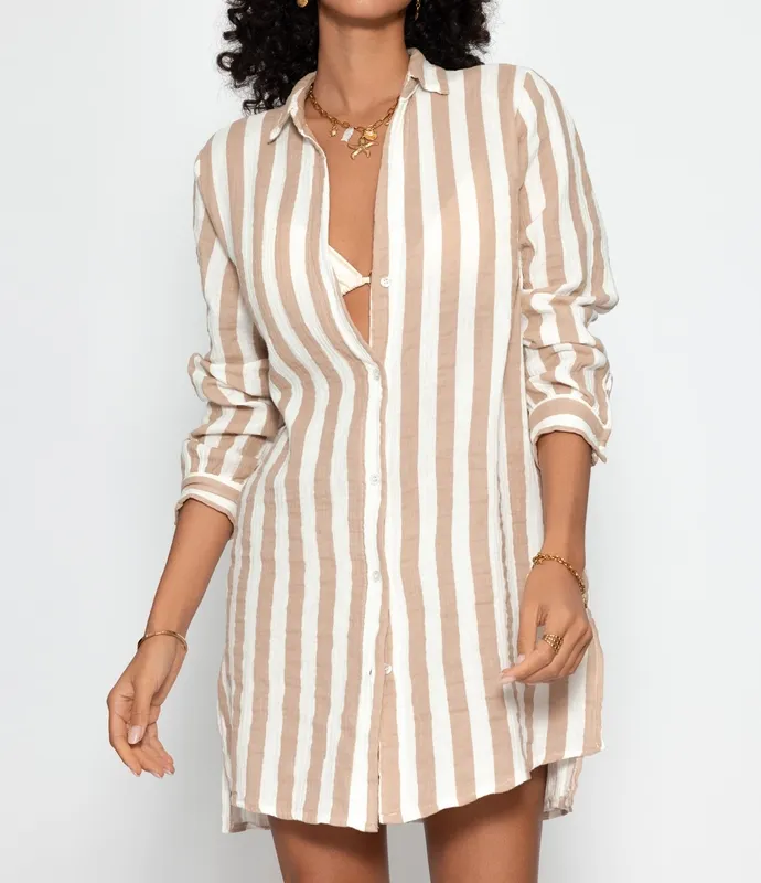 Off White Taupe Striped Midi Dress