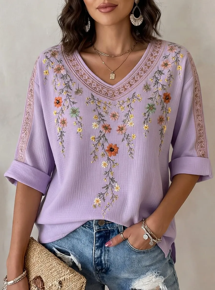 Women's Floral Boho V-Neck Embroidered Printed Short Sleeve T-Shirt