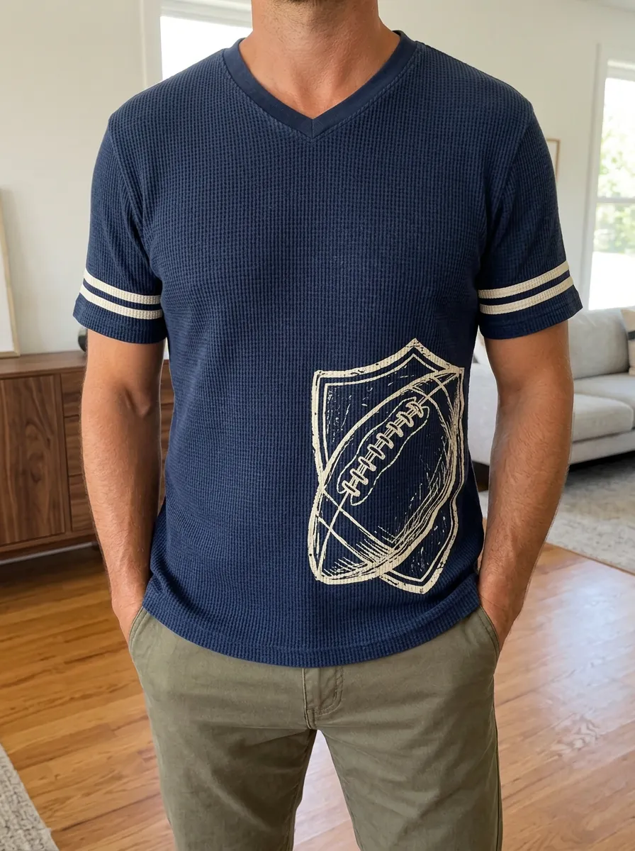 Men's Football Fan Sketch Printed Waffle Knit V-Neck Shirt