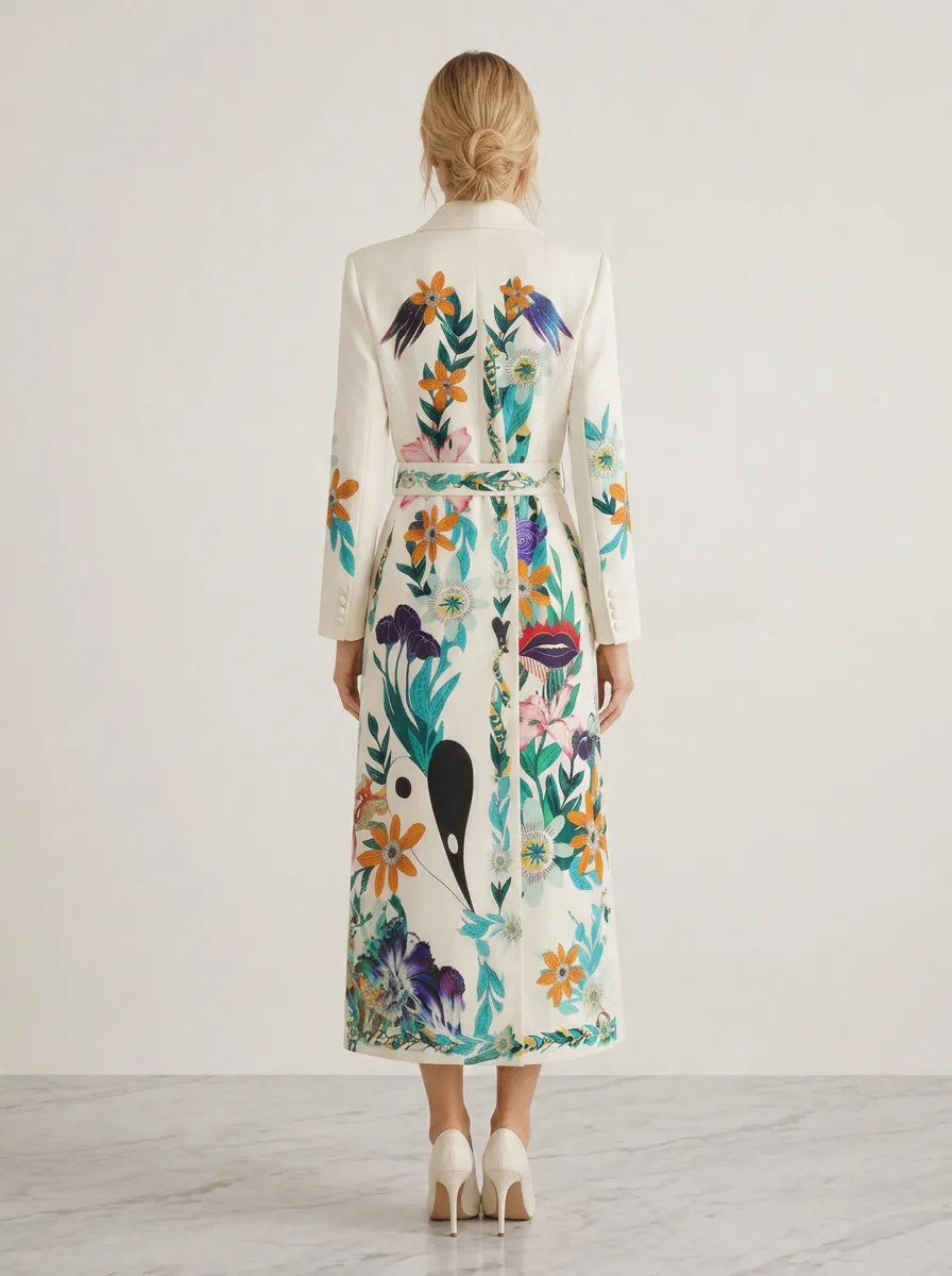 Women's Floral Botanical Abstract Art Printed Trench Coat