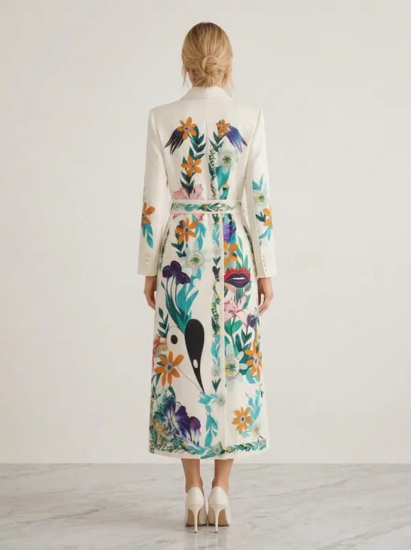 Women's Floral Botanical Abstract Art Printed Trench Coat