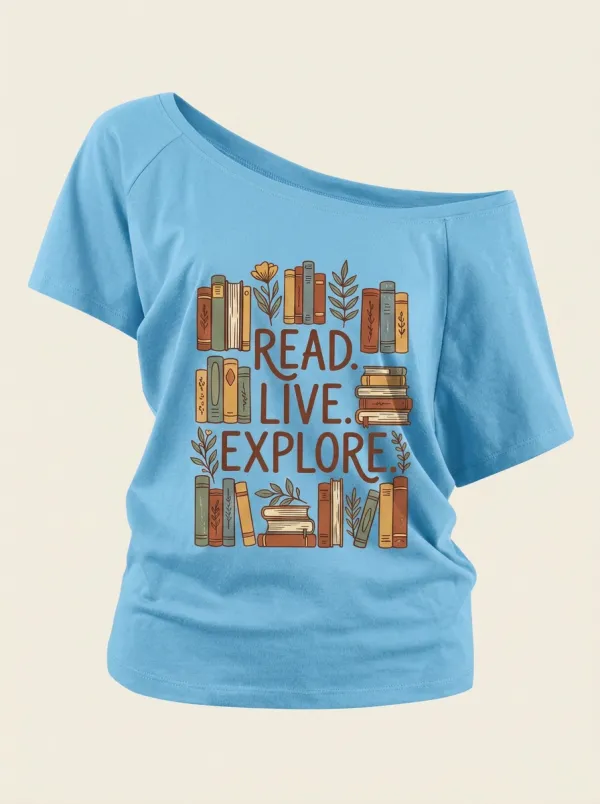 Book Lover Read Live Explore Floral Books Off-Shoulder Top